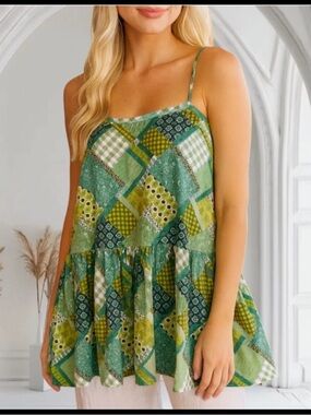 Natural Life Boho Festival Patchwork Print Top Large Sleeveless Straps